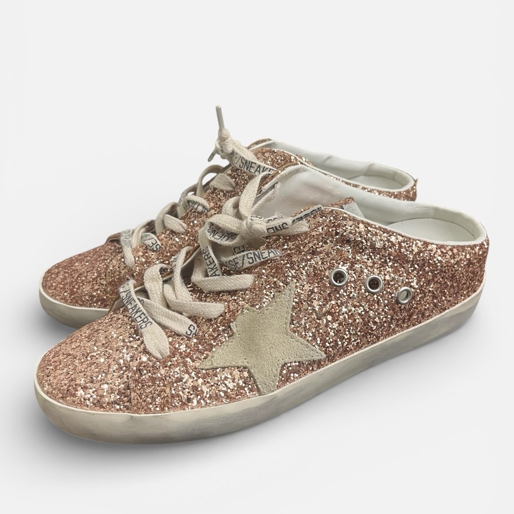 NWOT Golden Goose Super-Star Glittered Leather Slip-On Sneakers. Rose Gold! 8
